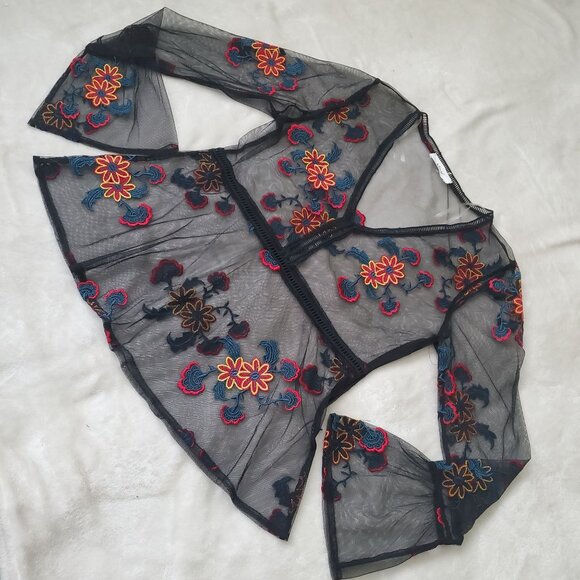 Vov womens blouse see through mesh Vneck Long Sleeve sz medium Black color - Picture 3 of 10